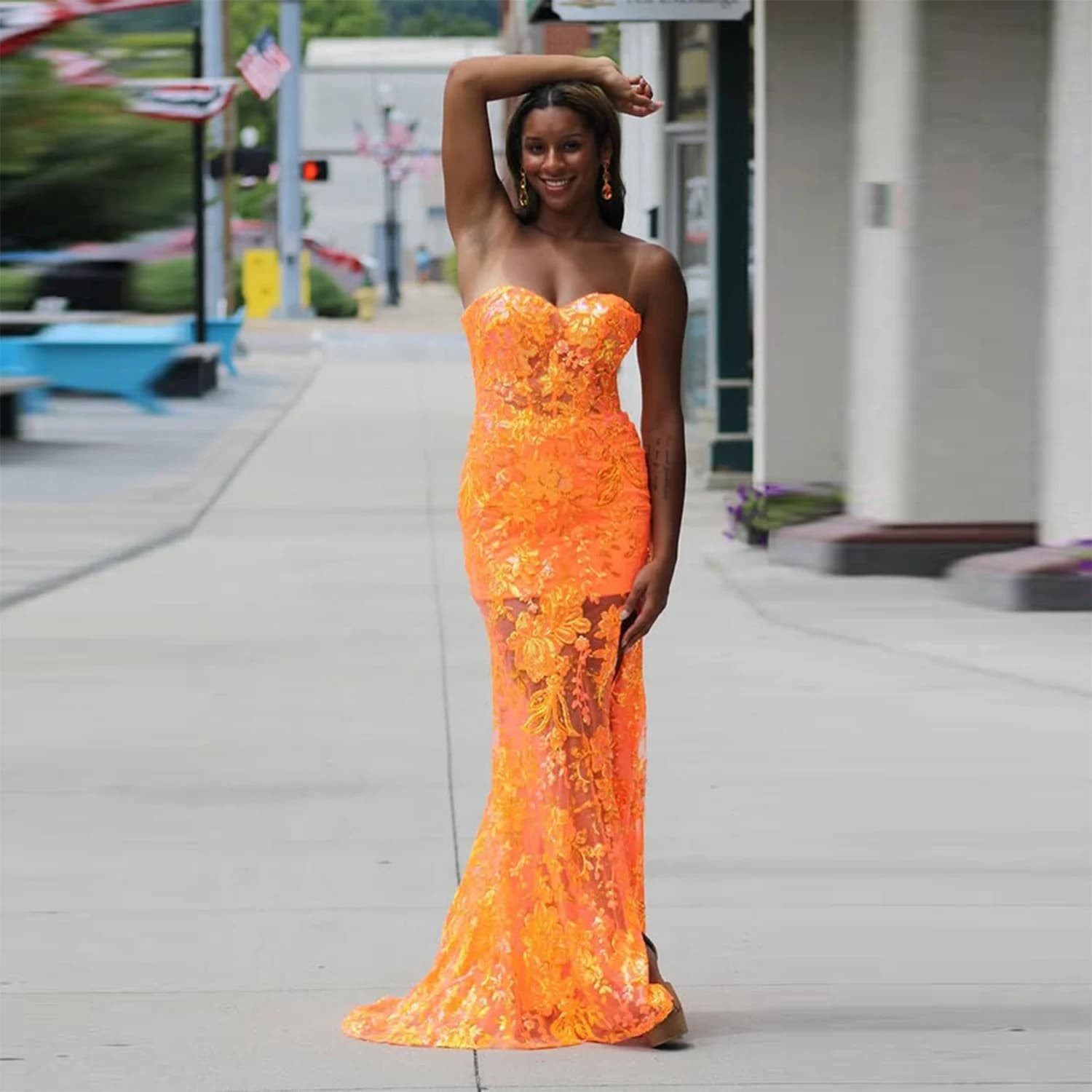 Robe de bal sirène en dentelle orange, sans bretelles, transparente, pour femme, tenue de soirée for