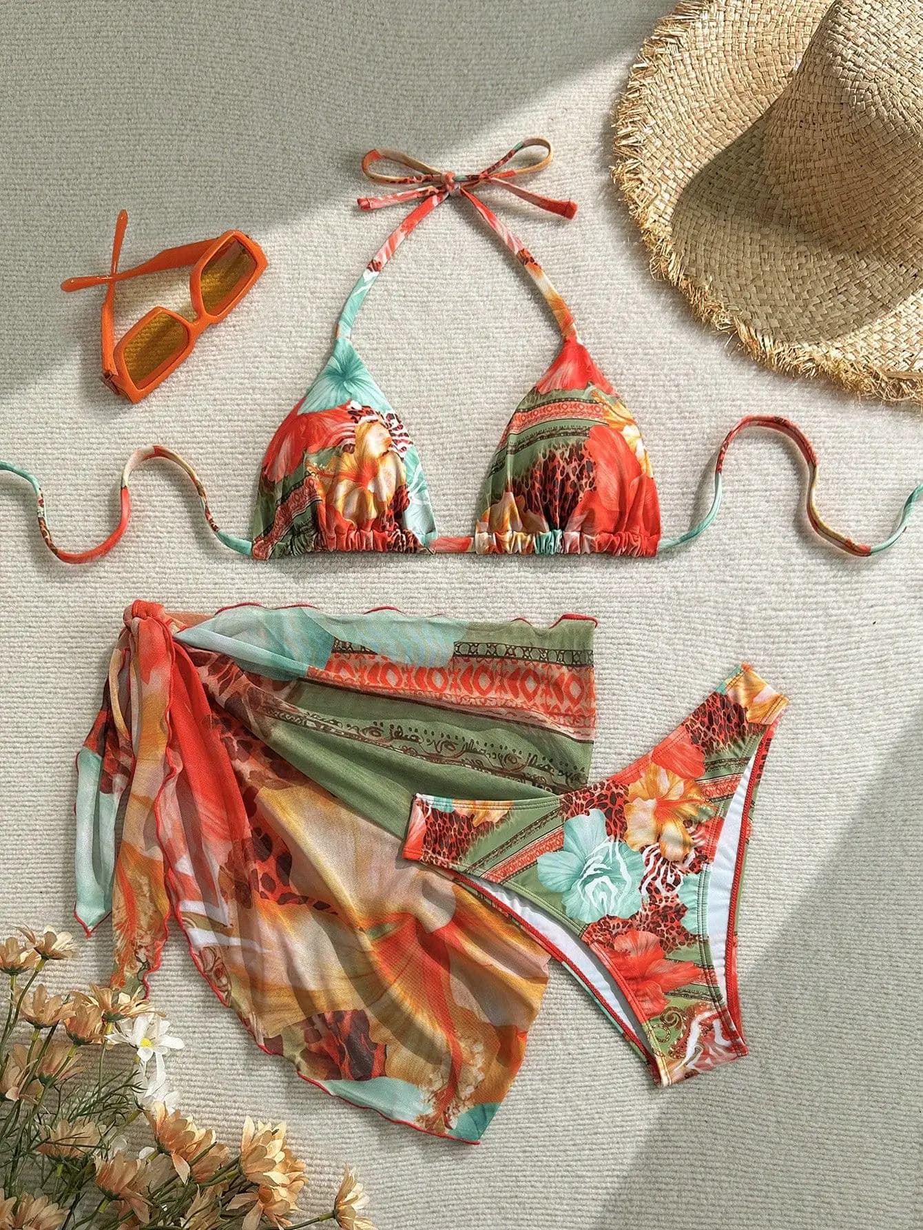 Sexy jupe 3 pièces Bikinis ensembles 2026 femmes Orange Floral tigre imprimé Push Up taille haute ma