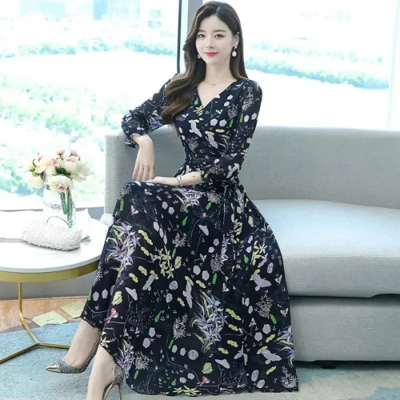 Robe élégante à manches longues à imprimé floral, coupe ajustée, style jupe longue, taille haute, ro