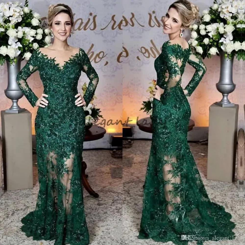 Robe de Soirée Verte Émeraude, Tenue de Bal Formelle en Dentelle, Col Bijou Transparent, Manches sul