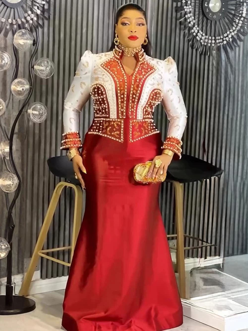 Robes de soirée de luxe pour femmes, robe de soirée brillante à manches longues, vêtements africains