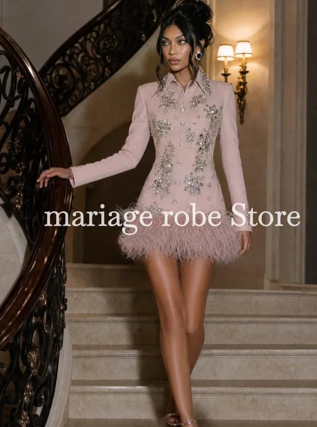 Mini robe de soirée rose, robe de cocktail de luxe avec jupe en plumes et cristaux, manches longues,