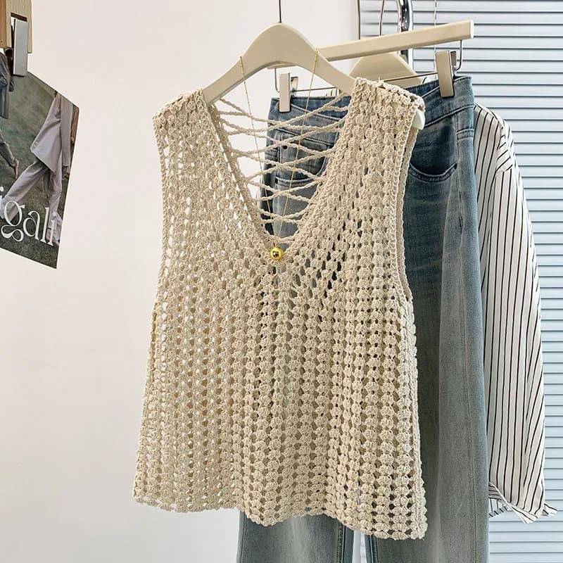 Chemisier en tricot sans manches pour femme, col en V ajouré, tunique au crochet, tenue de plage est