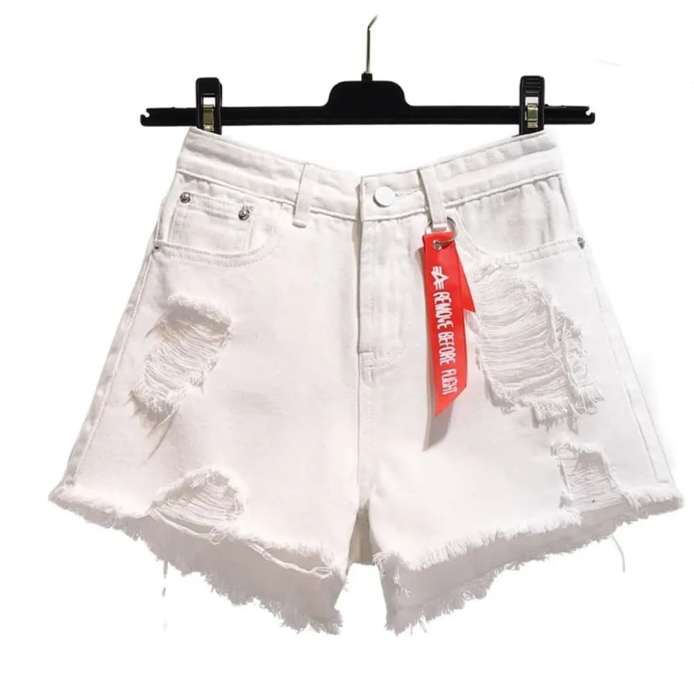 Shorts en jean tendance déchirés taille haute, polyvalents, avec ourlet effiloché et franges, 2024