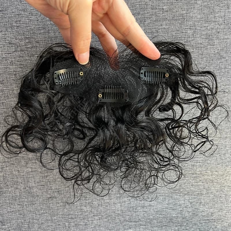 Extensions capillaires à clipser en cheveux naturels, frisées avec frange latérale, base en dentelle