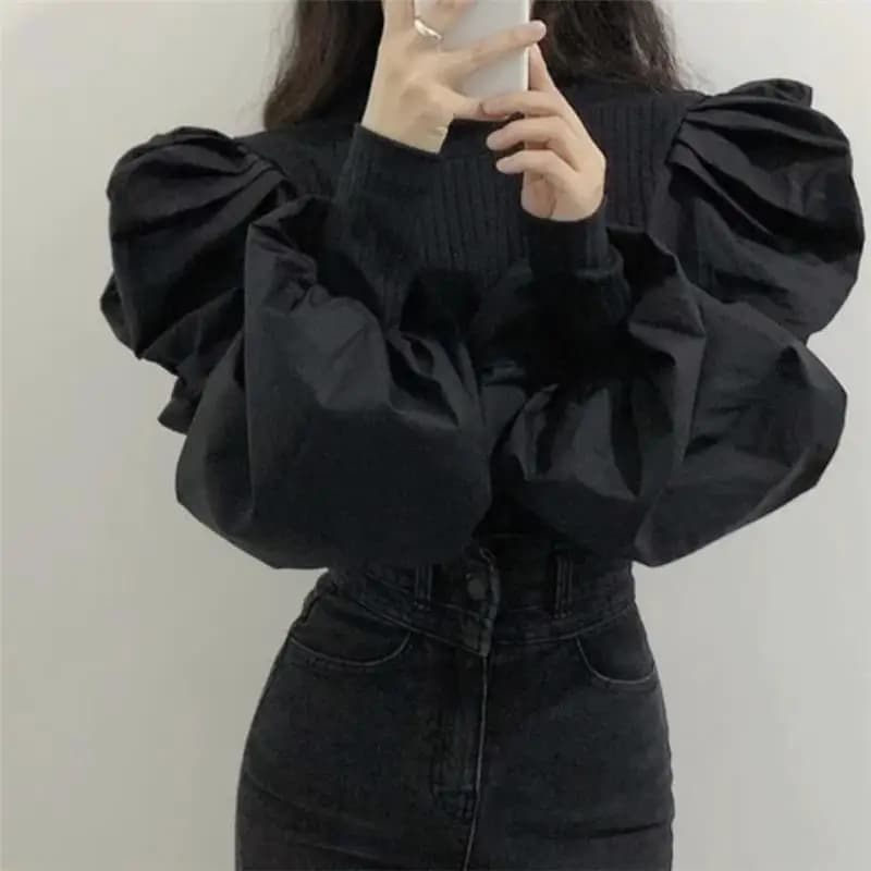 Tricot manches longues bouffantes Blouse femmes couleur unie chemise de base pulls dame bureau vêtem