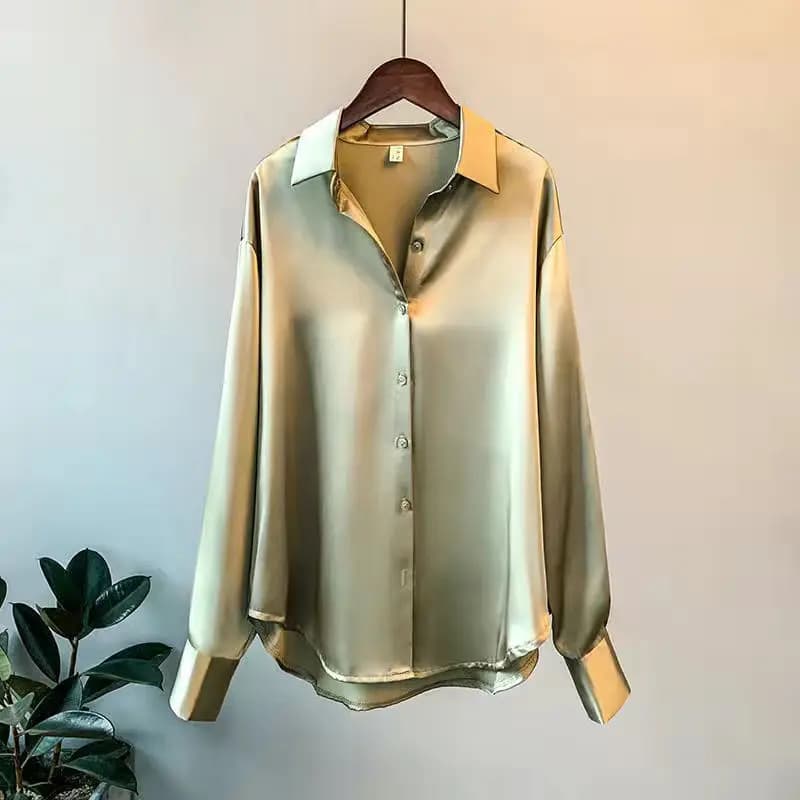 Finition satinée à manches longues dessus de chemise mode femmes simple boutonnage revers nouveaux c