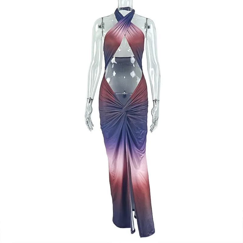 Robe longue plissée fendue sans manches à imprimé dégradé, dos nu, style licou, sexy pour femme