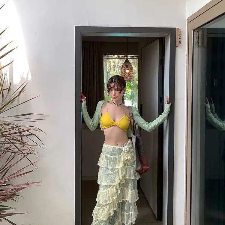 Jupe design en dentelle coréenne-jupe longue superposée élégante taille haute pour femmes jupe longu