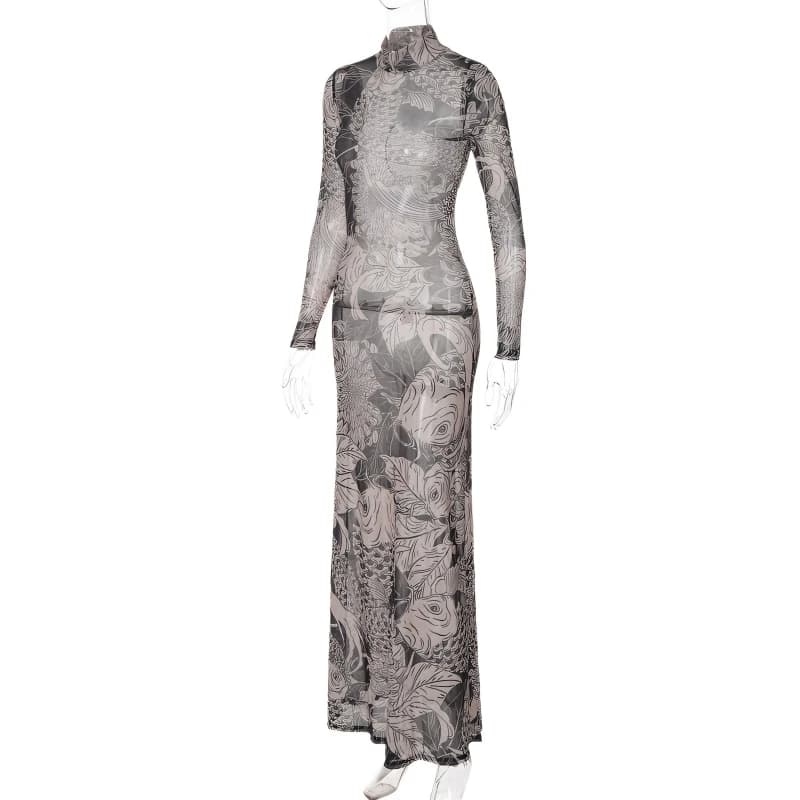 Robe longue moulante Kliou en maille imprimée vintage pour femme, sexy, transparente, à manches long