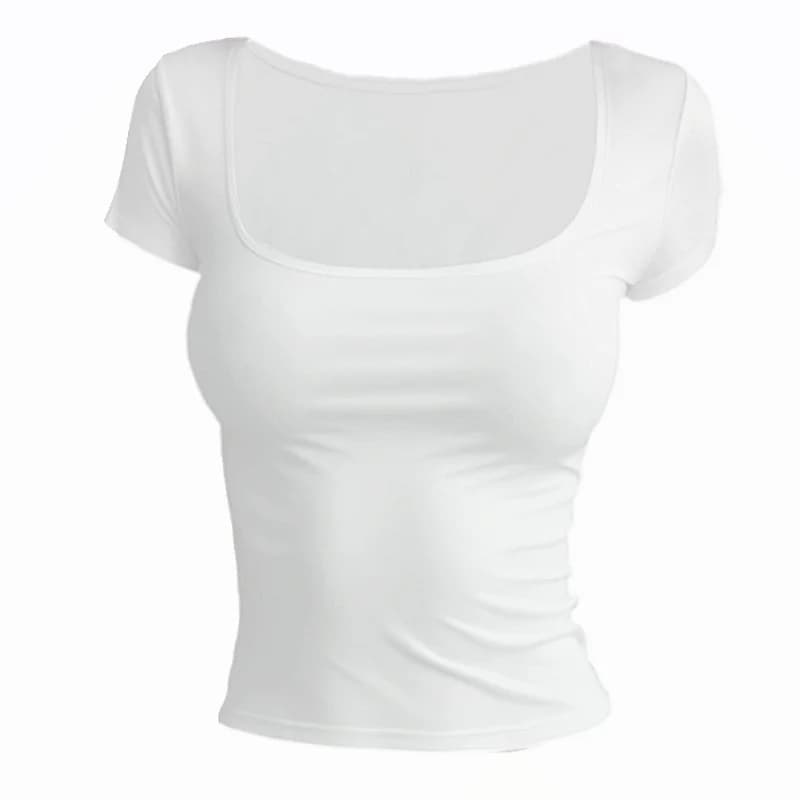 T-shirt à manches courtes pour femmes, couleur unie, col carré élastique, coupe slim, hauts sexy, st