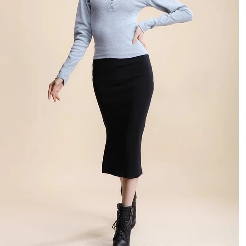 Hiver femmes jupe taille haute Stretch crayon longue fente avant fente une ligne décontracté Style c