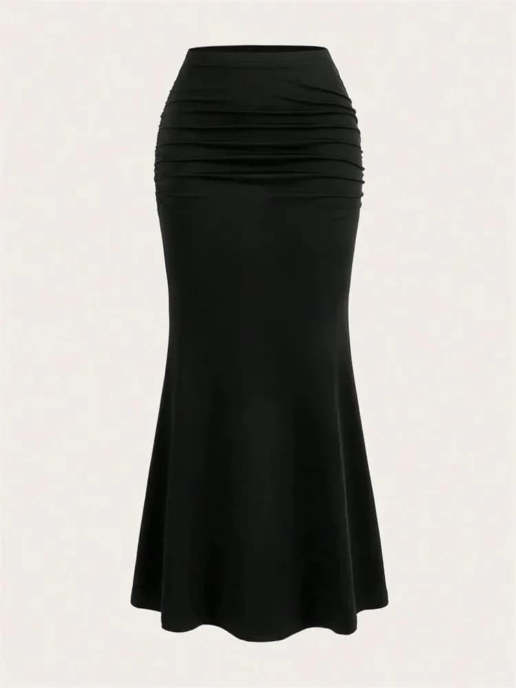 Jupe longue froncée moulante pour femmes, couleur unie, Sexy, noire, élastique, élégante, taille hau