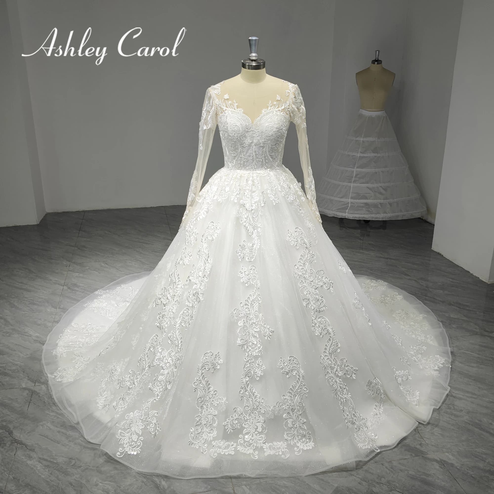 Ashley Carol robes De mariée à manches longues pour les femmes photos réelles mariée Illusion Appliq