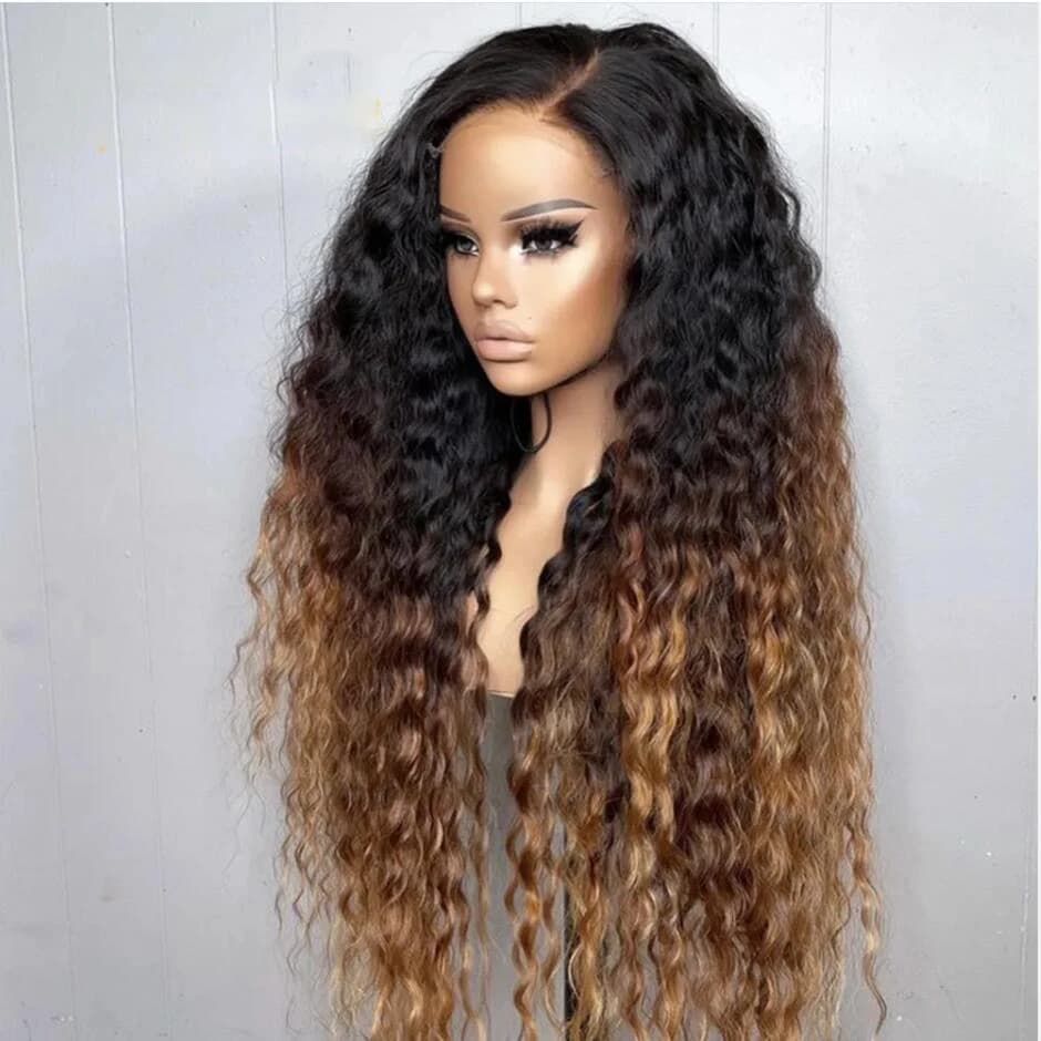 Perruque Lace Front Wig bouclée et crépue, naissance des cheveux naturelle, blond ombré, brun, 26 po