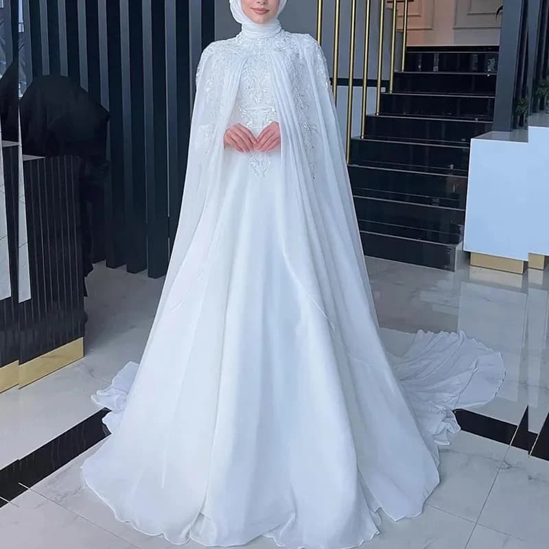 Robes de mariée musulmanes, hijab, col haut, manches longues, robe de mariée en forme de A, en mouss