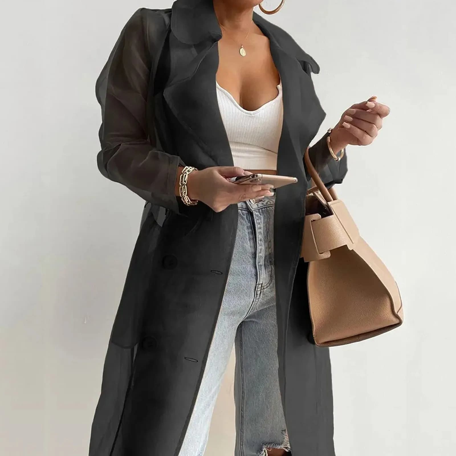 Vestes pour femmes, pardessus Transparent en maille, manteau boutonné à manches longues avec ceintur