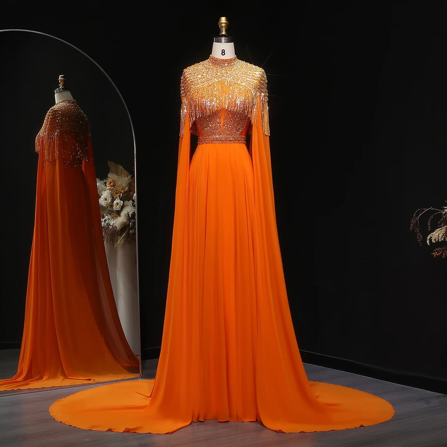 Sharon Said arabe luxe Orange paillettes robes de soirée avec manches Cape longues femmes robes de s