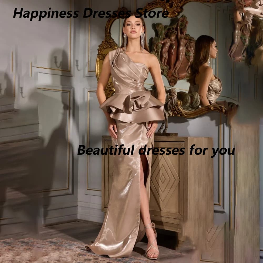 Robe de soirée sirène asymétrique personnalisée en satin champagne, à volants, drapée, plissée, à un