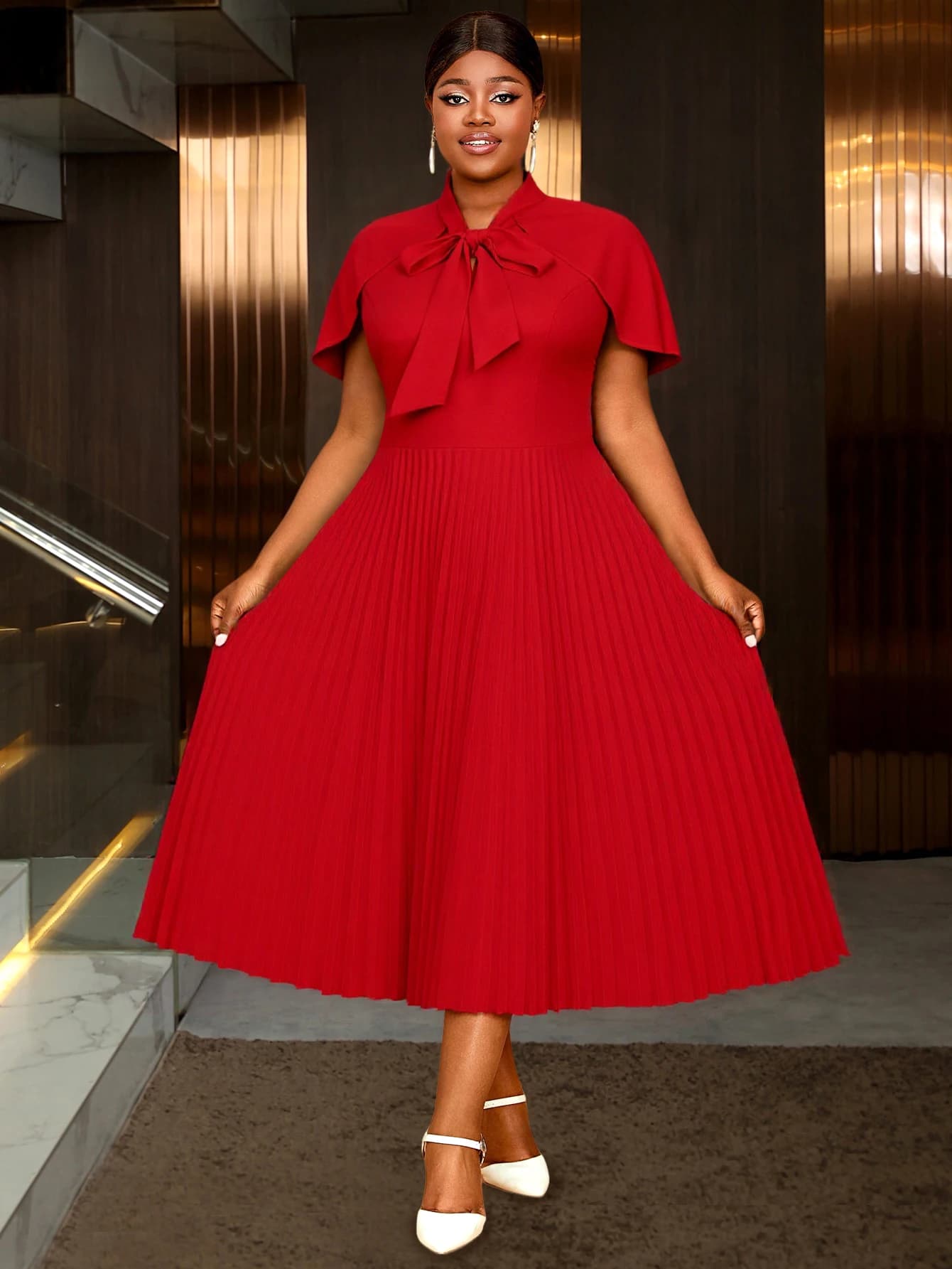 Robes mi-longues plissées rouges élégantes pour femmes, manches Cape, col mi-haut avec nœud, robes d