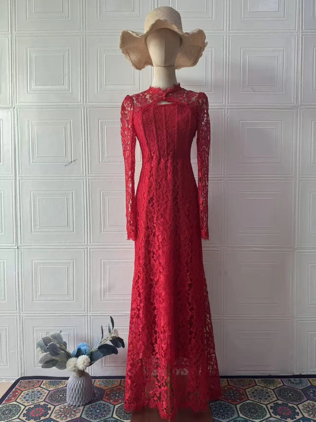 Robe de soirée décontractée à manches longues unie et ajustée, col semi-montant, élégante, brodée et