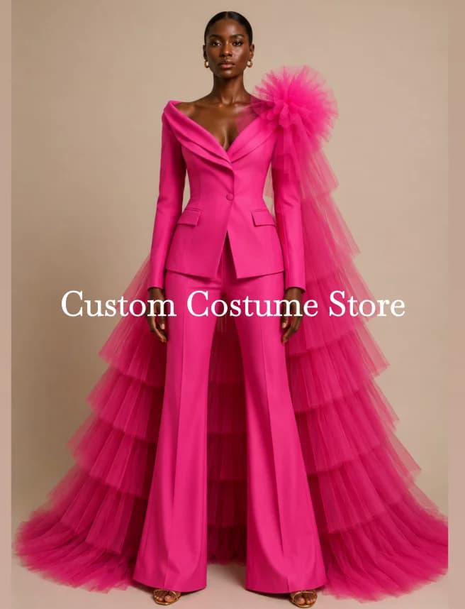 Ensemble de robe de soirée formelle fuchsia en deux pièces avec tutu, sur mesure, à manches longues,