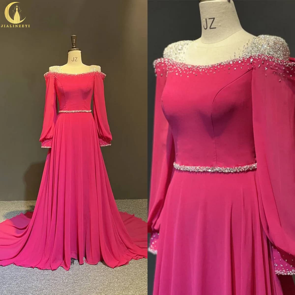 3282 Robes de soirée personnalisées en mousseline de soie rouge rose à manches longues et perles, ro