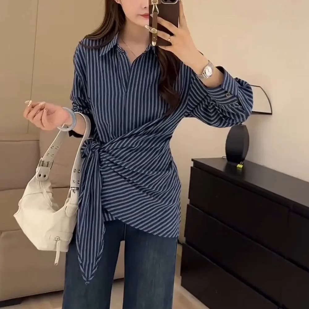 Chemise à manches longues à rayures bleues pour femmes, début d'automne, nouveau col à revers, mode 