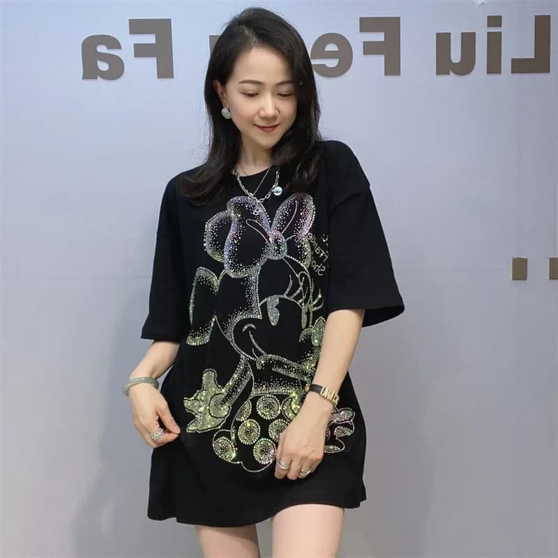 Lâche surdimensionné t-shirt femmes strass motif de dessin animé à manches courtes col rond pulls ha