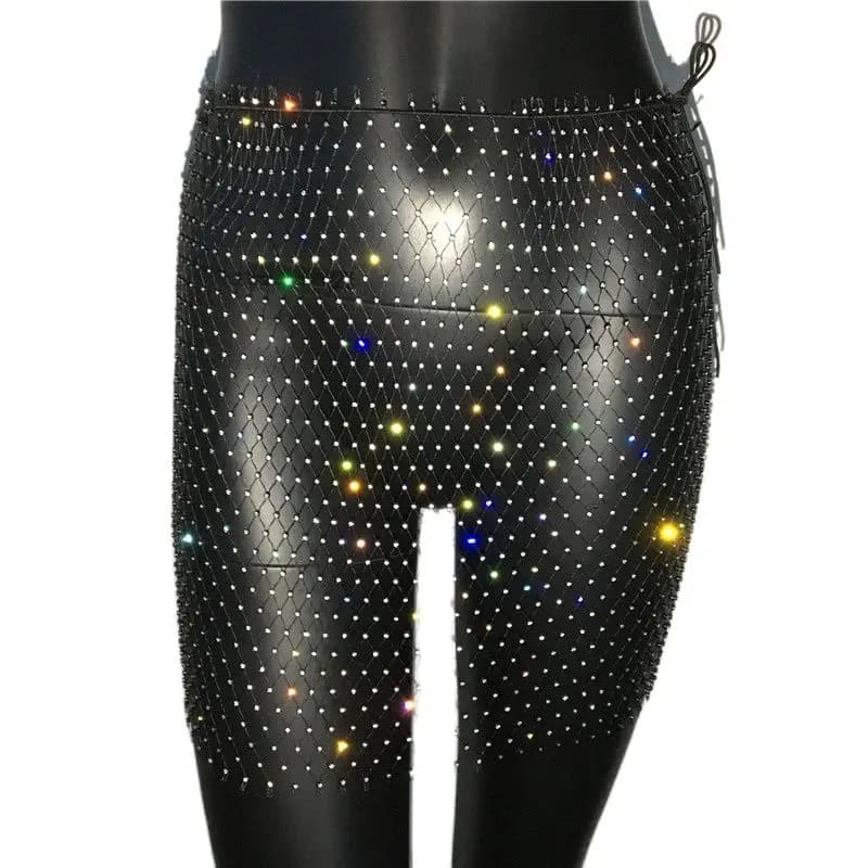 Mini jupe en résille blanche et noire pour femmes, strass scintillants, moulante, ajourée, transpare