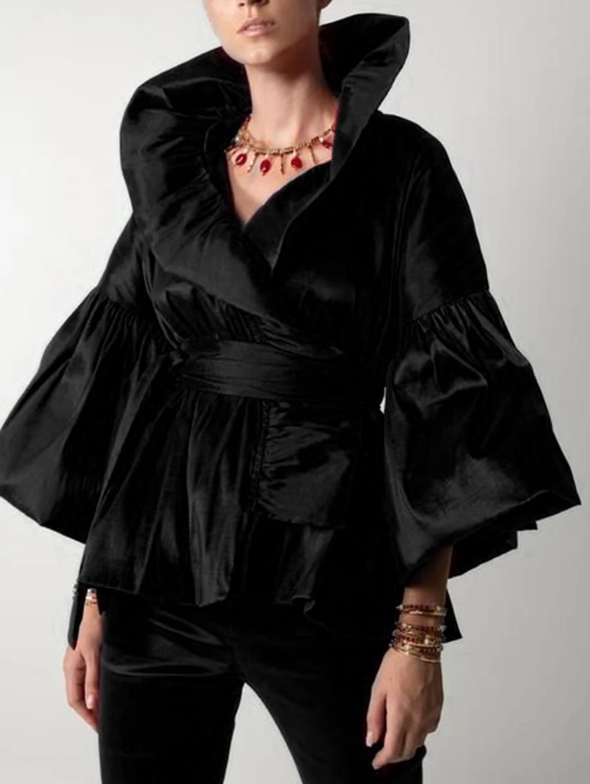 Chemisier décontracté à manches longues bouffantes et volants, couleur unie, pour femme, style chemi