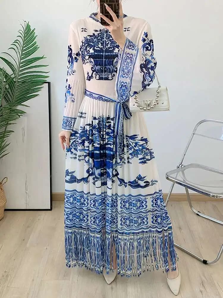 LANMREM-Robe longue imprimée à manches évasées pour femmes, robes vintage plissées à pampilles, vête