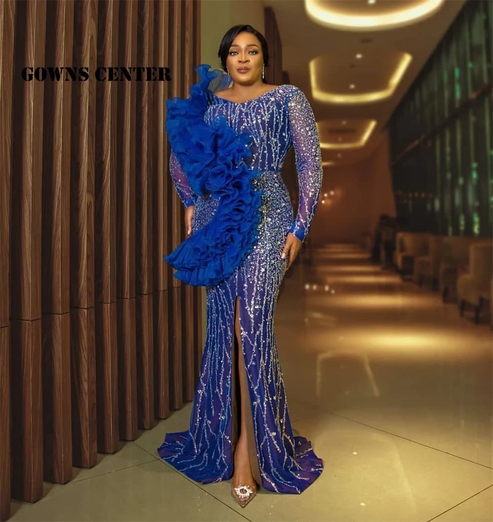 Aso Ebi-Robe de Soirée Froncée à Manches sulfpour Femme, Tenue de Mode Africaine, Fente Latérale, Fo