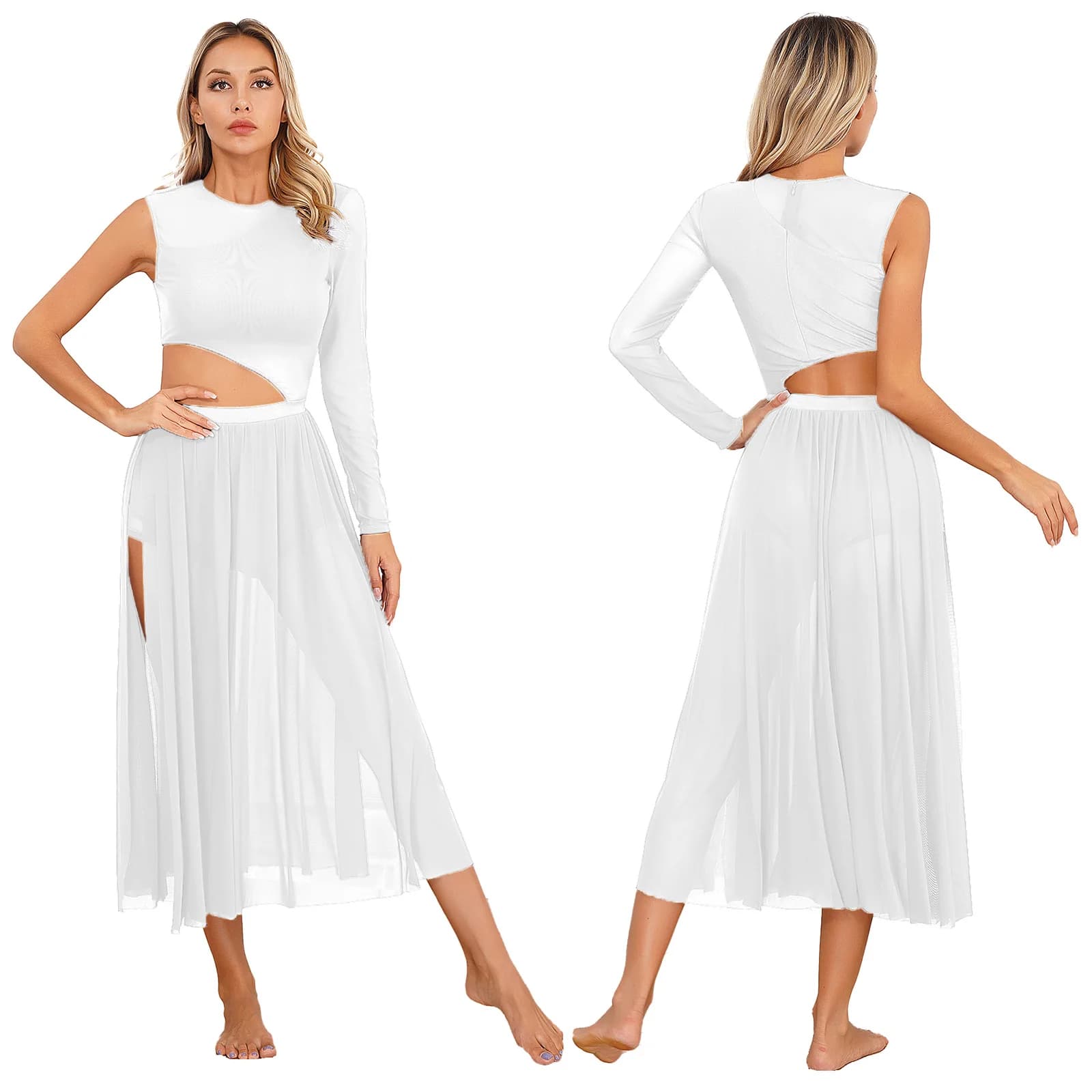 Robe de danse lyrique moderne pour femmes, col rond découpé, fente latérale, en maille transparente,