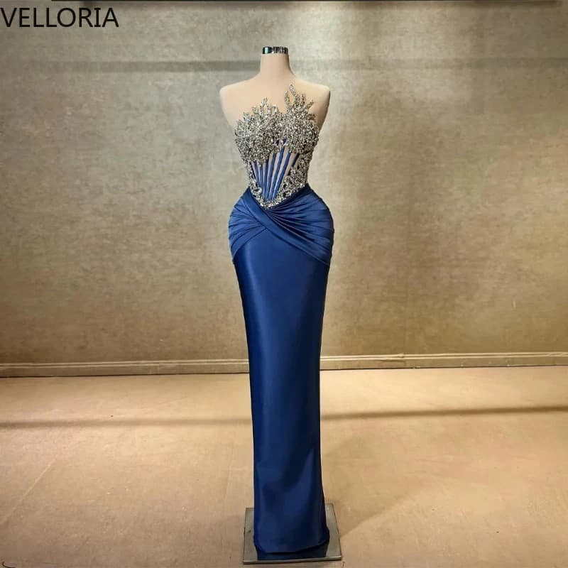 Robe de soirée simple de graduation pour femme, bleu marine, sirène, luxe, strass, sans manches, élé