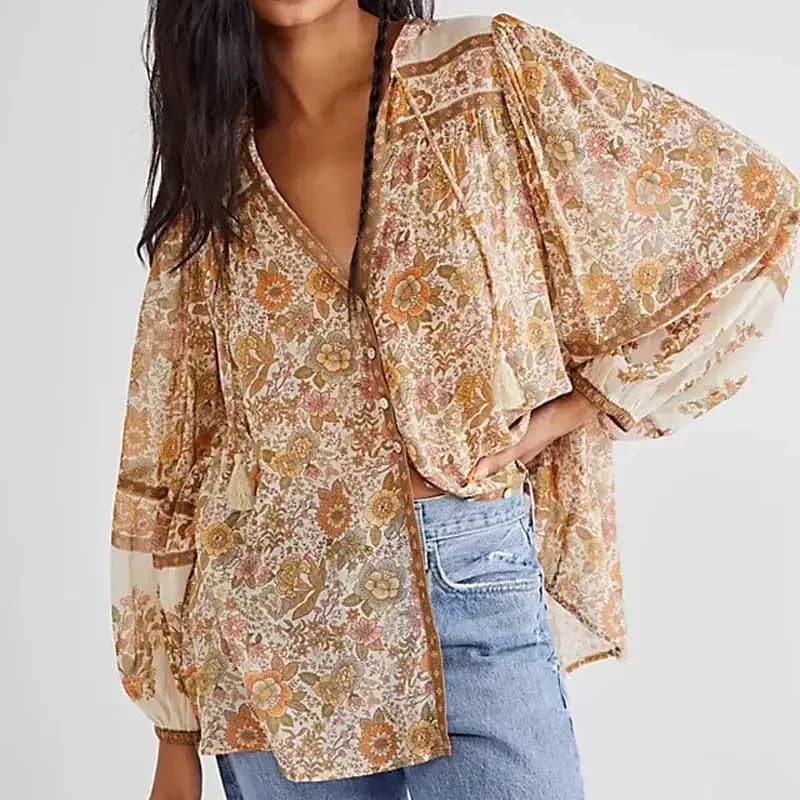 Chemisier Boho Super Chic pour Femme, Imprimé Floral, lèvent, Col en V, Pompon, Automne, Manches sul