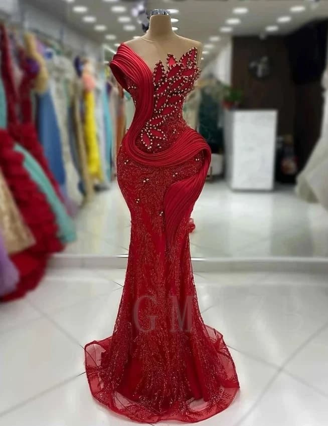 Robes de soirée Aso Ebi longues de luxe, style sirène, à une manche, ornées de perles et de strass, 