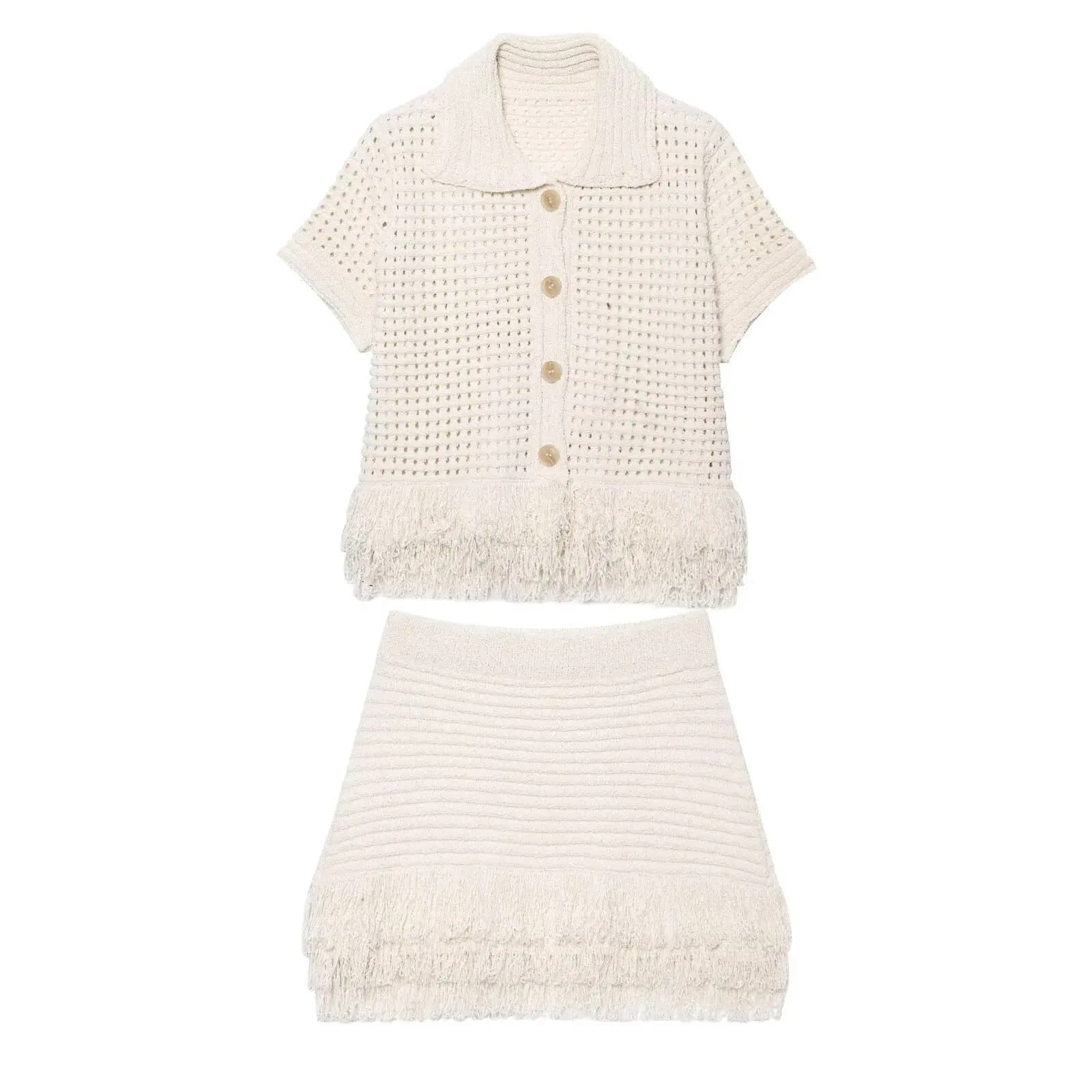 Femmes tricot gland jupe ensembles évider revers demi manches haut + plissé Mini jupes costume 2025 