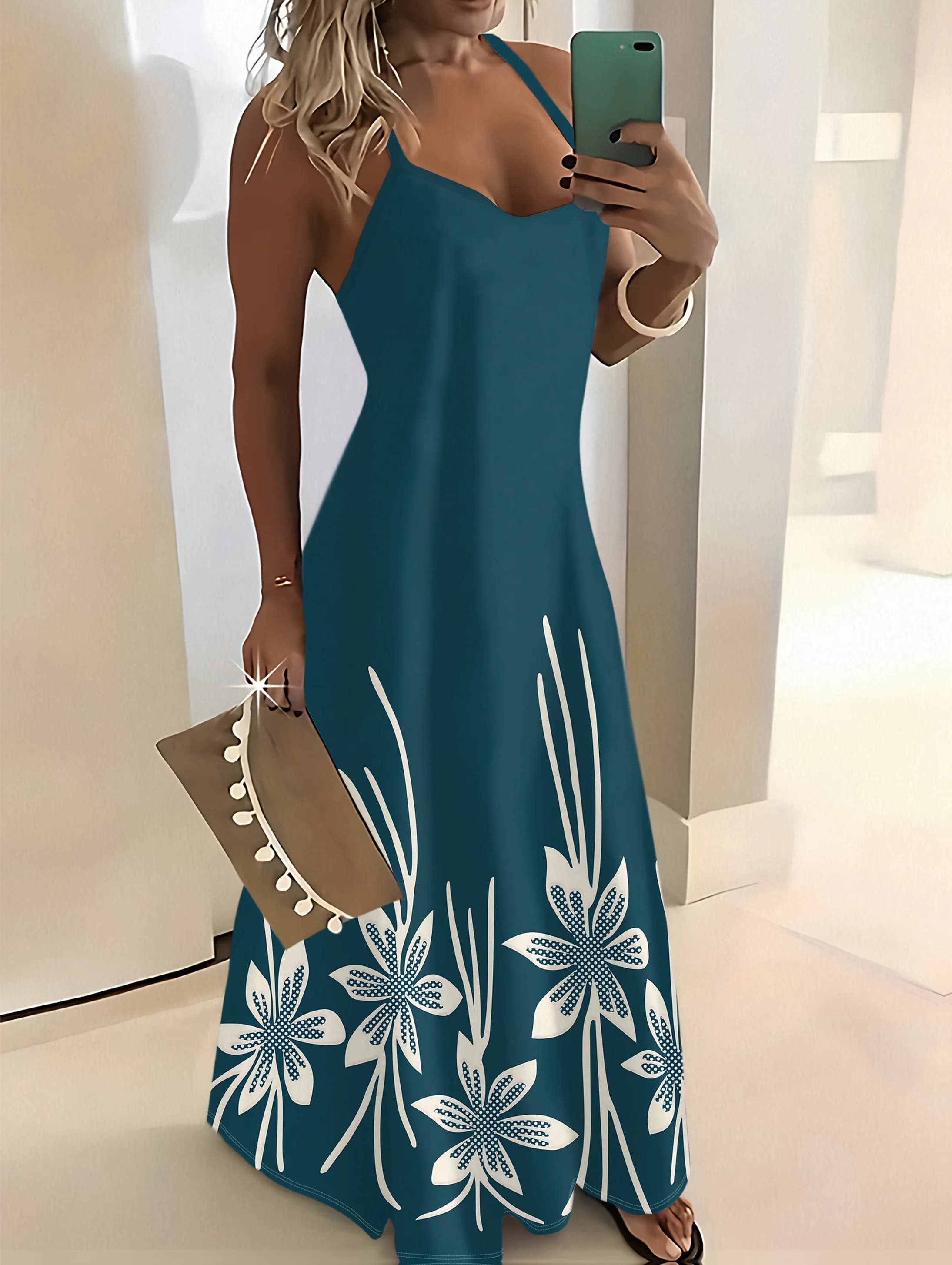 Robe d'été à manches longues pour femmes, robe midi verte unie avec col rond, imprimé floral, fleurs
