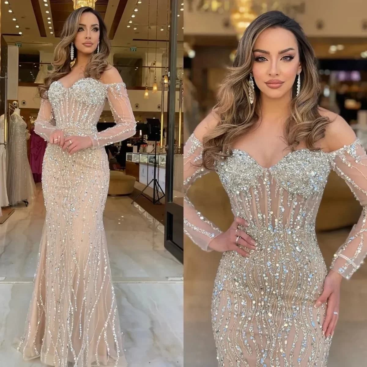 Robe de soirée sirène personnalisée, épaules dénudées, Champagne, perles de dubaï, robes de soirée f