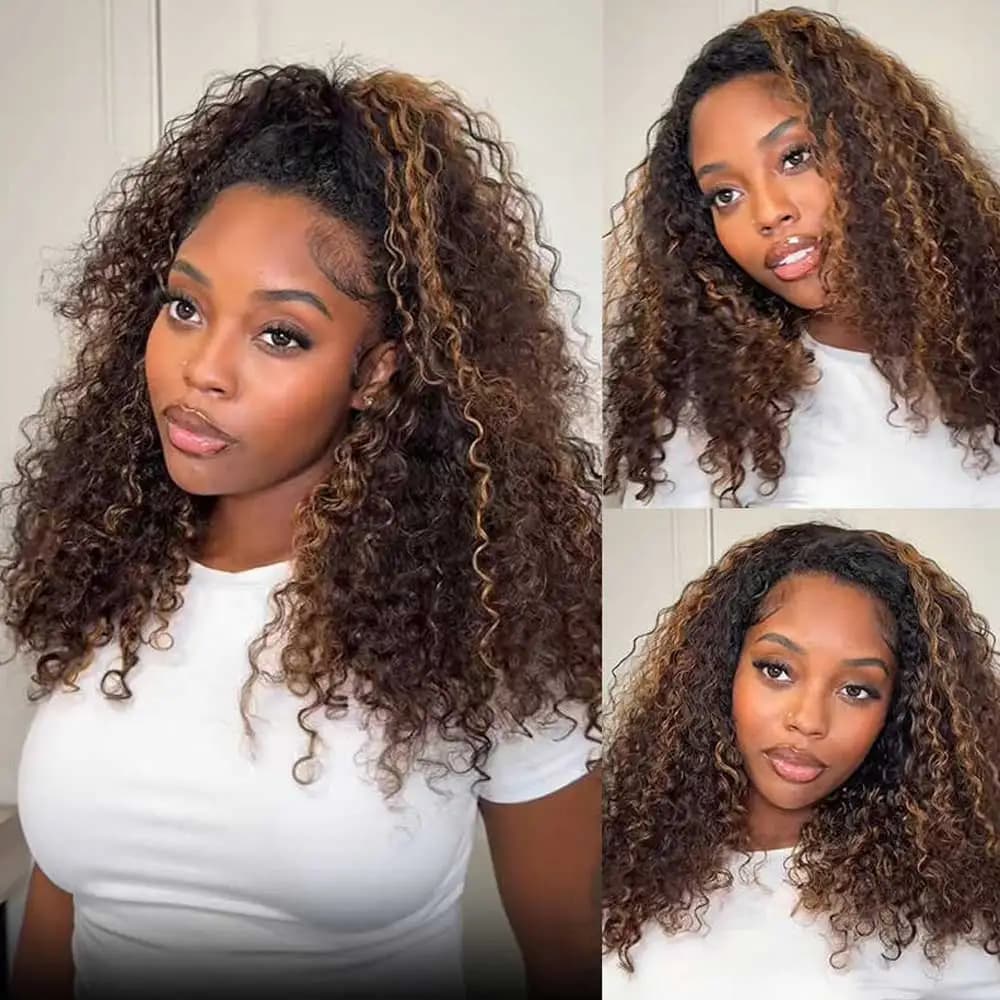 Perruque mi-tête ondulée effet vague, cheveux humains, 3-en-1 sans colle, densité 250, avec sangle I