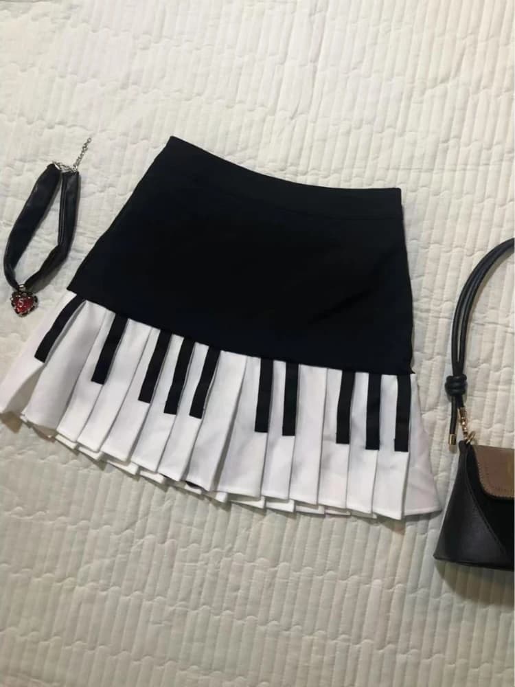 Vintage Y2k noir blanc Piano jupe femmes Design Hepburn été Harajuku Mini jupe femme mode fille chau