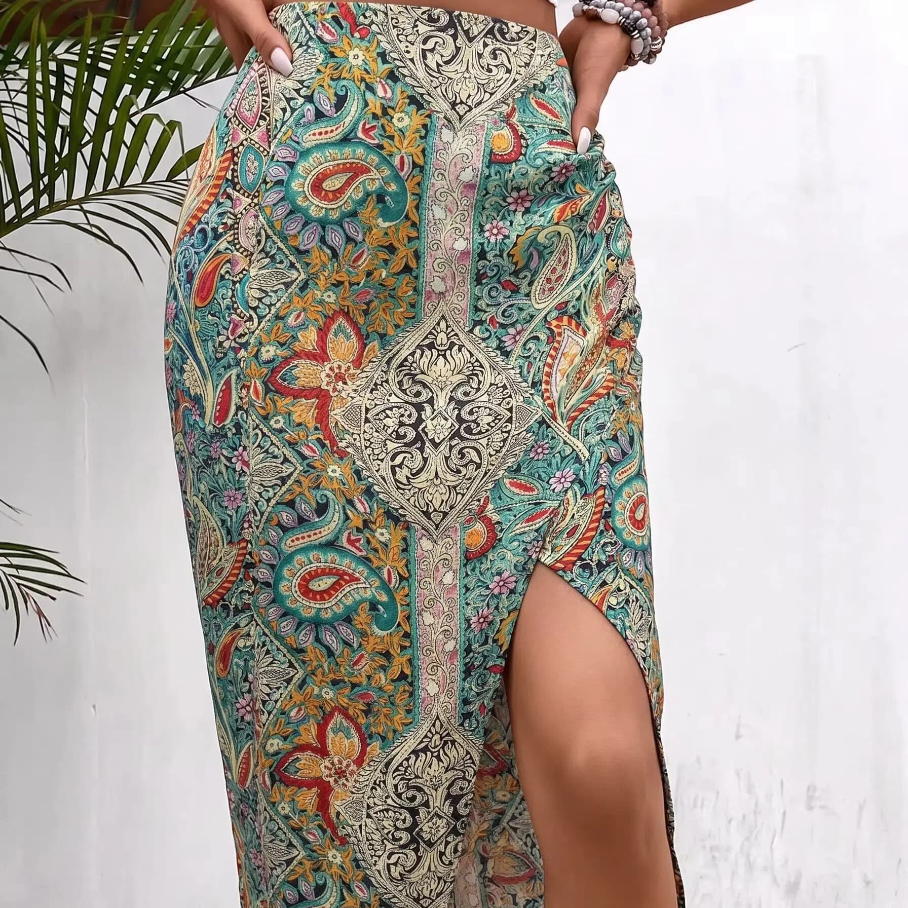 Jupe midi bohème à imprimé cachemire pour femme, jupe moulante à taille haute avec fente latérale