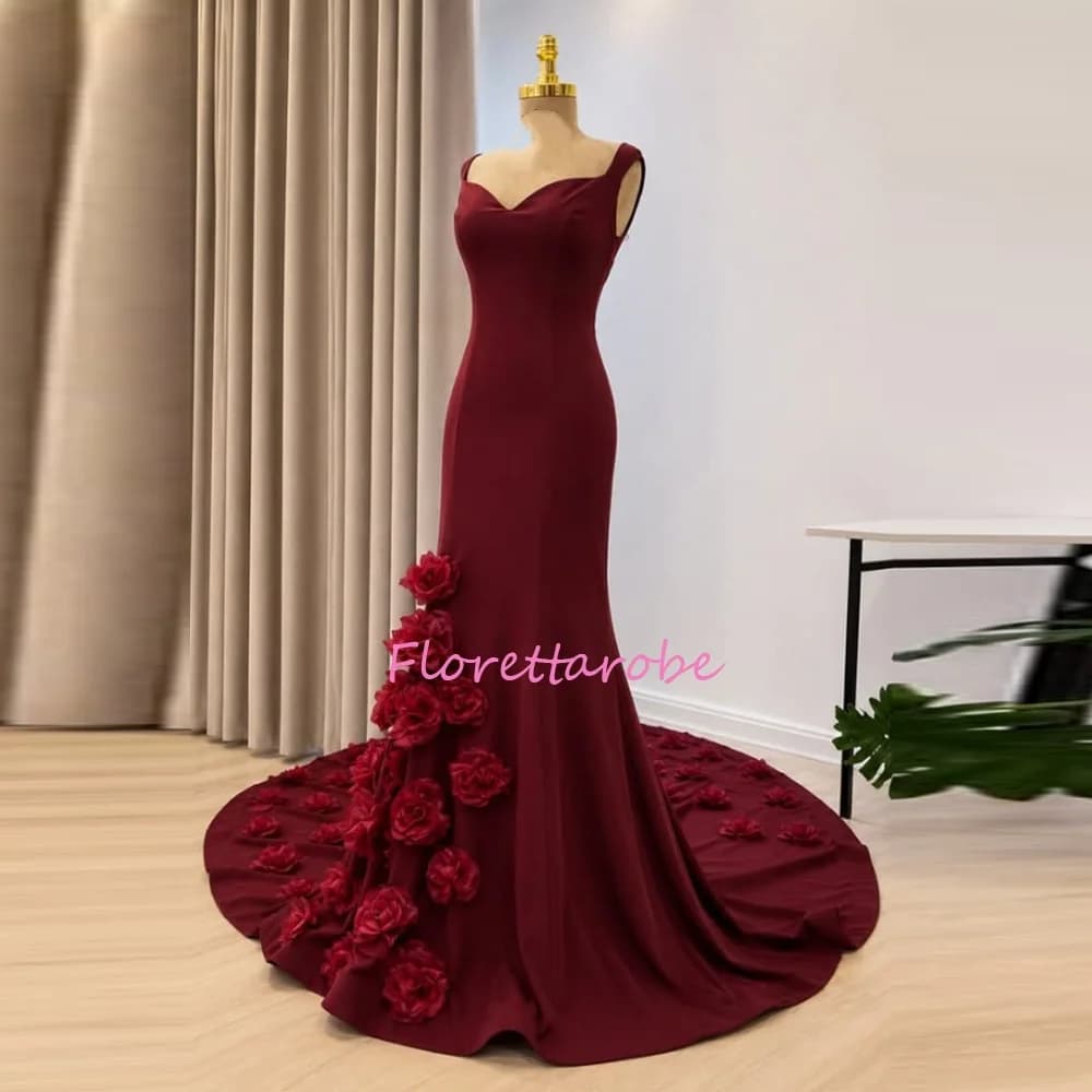 Robes de soirée romantiques bordeaux avec appliques florales, robes de bal sans manches, robes de cé