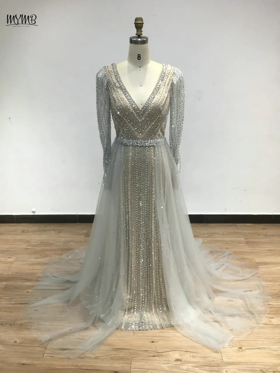 MYMB-Robe de soirée sirène à manches longues, élégante, pour fête de mariage, arabe, luxe perlé, col