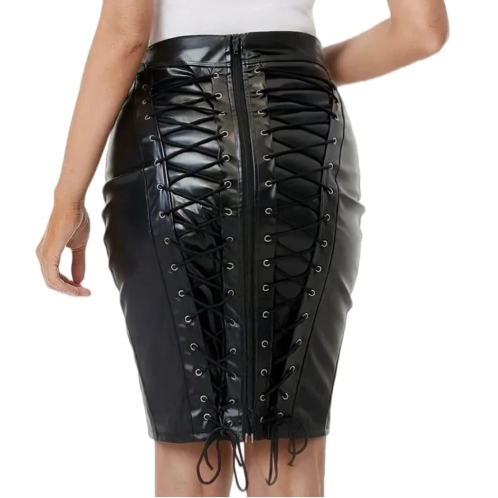 Jupe en cuir pour femme à lacets dans le dos deux façons fermeture éclair brillante jupe sexy décont