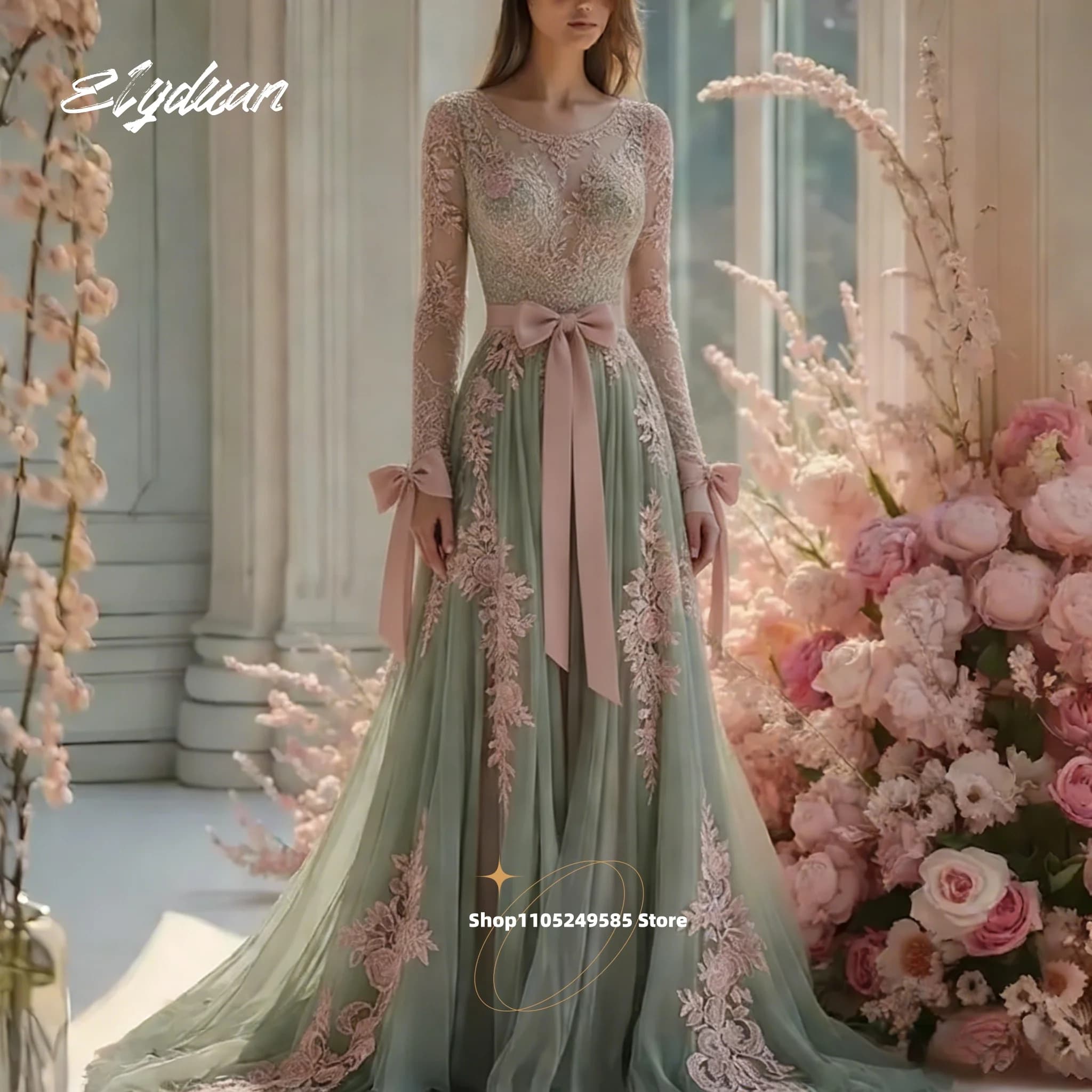 Robe de mariée personnalisée style campagnard en A-line avec appliques de dentelle rose, manches lon