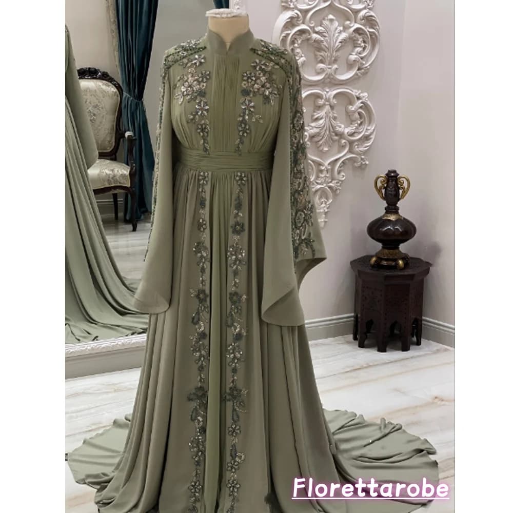 Florettarobe caftan marocain robe de soirée musulmane a-ligne manches longues en mousseline de soie 