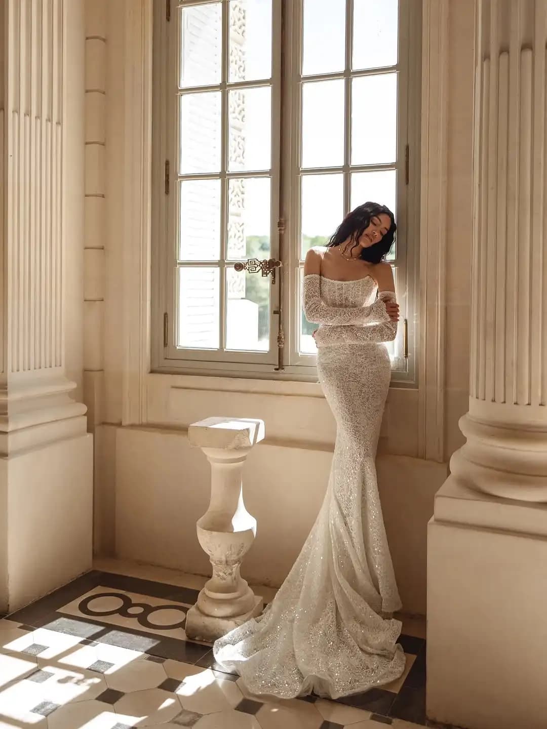 Robe de mariée sirène sexy, élégante, à épaules dénudées, manches longues, en dentelle, moulante, av