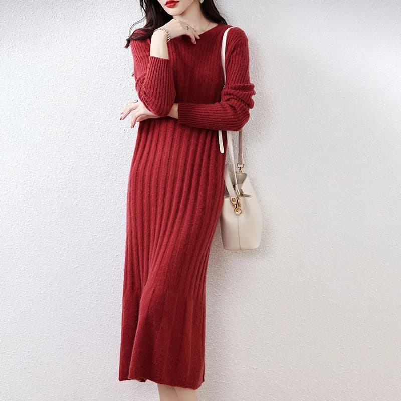 Robe en laine tricotée pour femme, col rond, longueur mi-cuisse, pull mi-long, nouvelle collection a